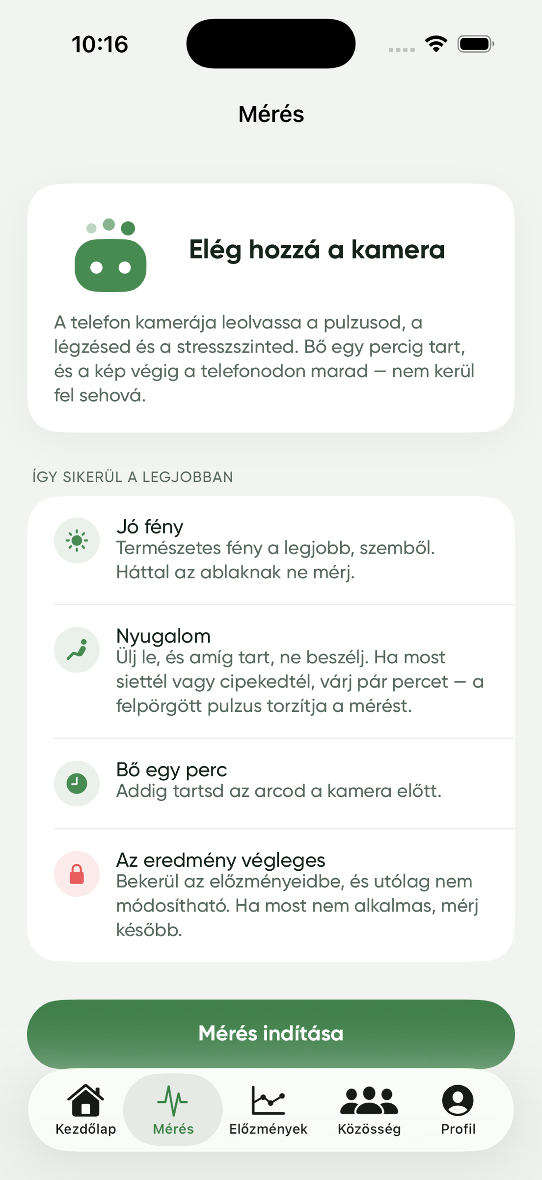 A Mérés képernyő